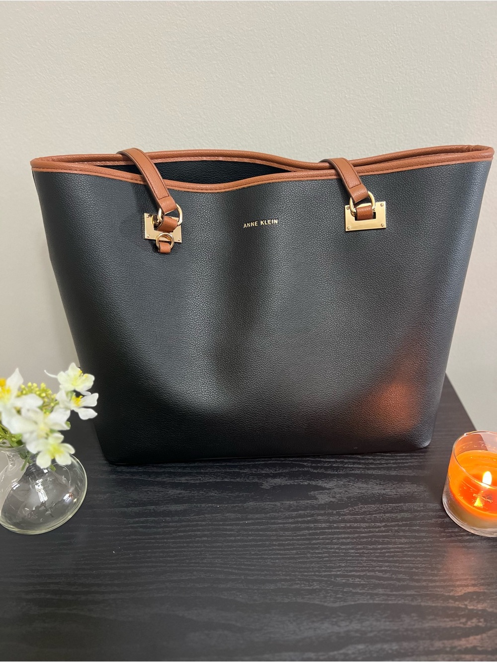 Anne Klein Black Tote with Brown Trim and Gold Hardware